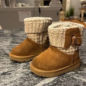 UGG Tan Suede Baby Boots with Cream Knit Cuff